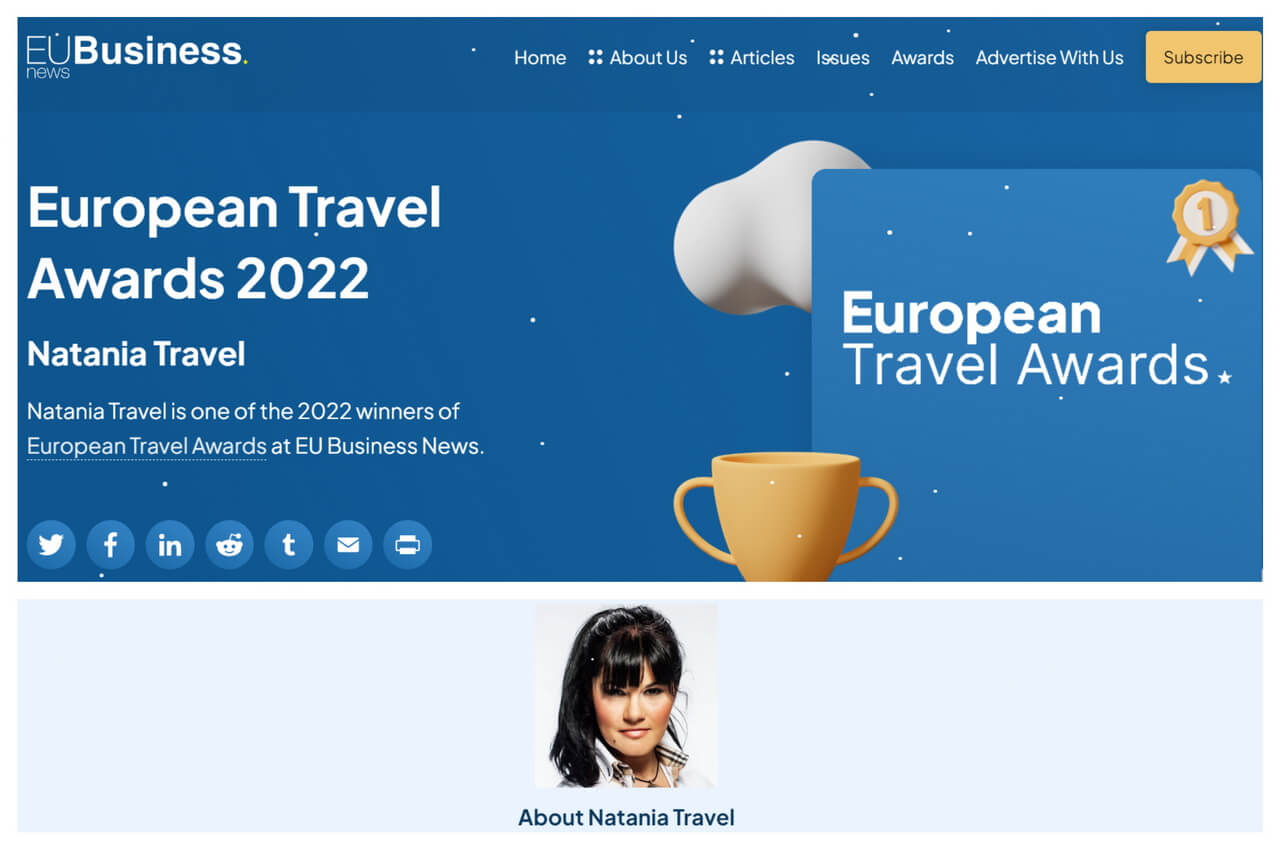 Eubusiness European Travel Awards 2022 Natania Travel