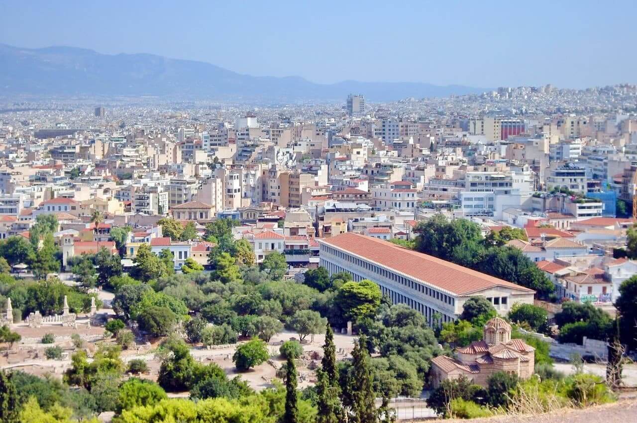 Athens, the view of the ancient agora with the Stoa of Attalos to the right side