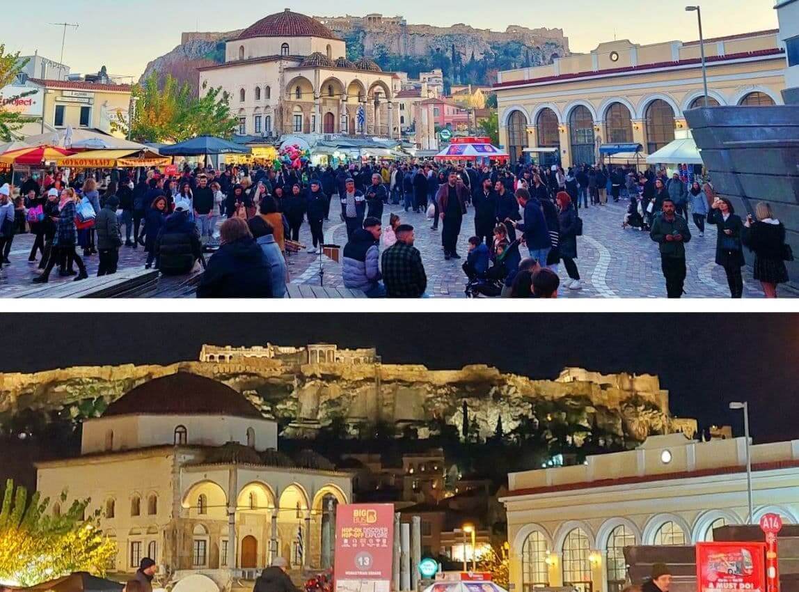 Athens, Monastiraki Square, by day and night