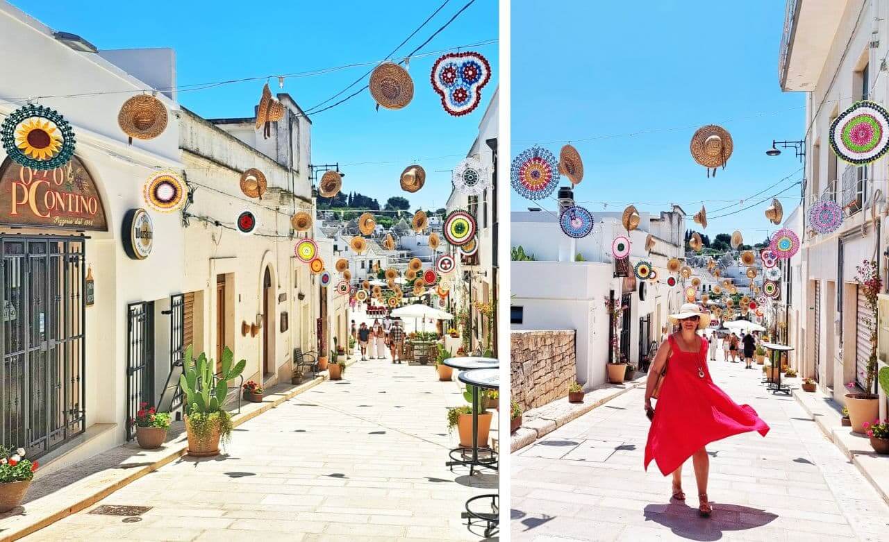 Alberobello, Via Brigata Regina with hats 