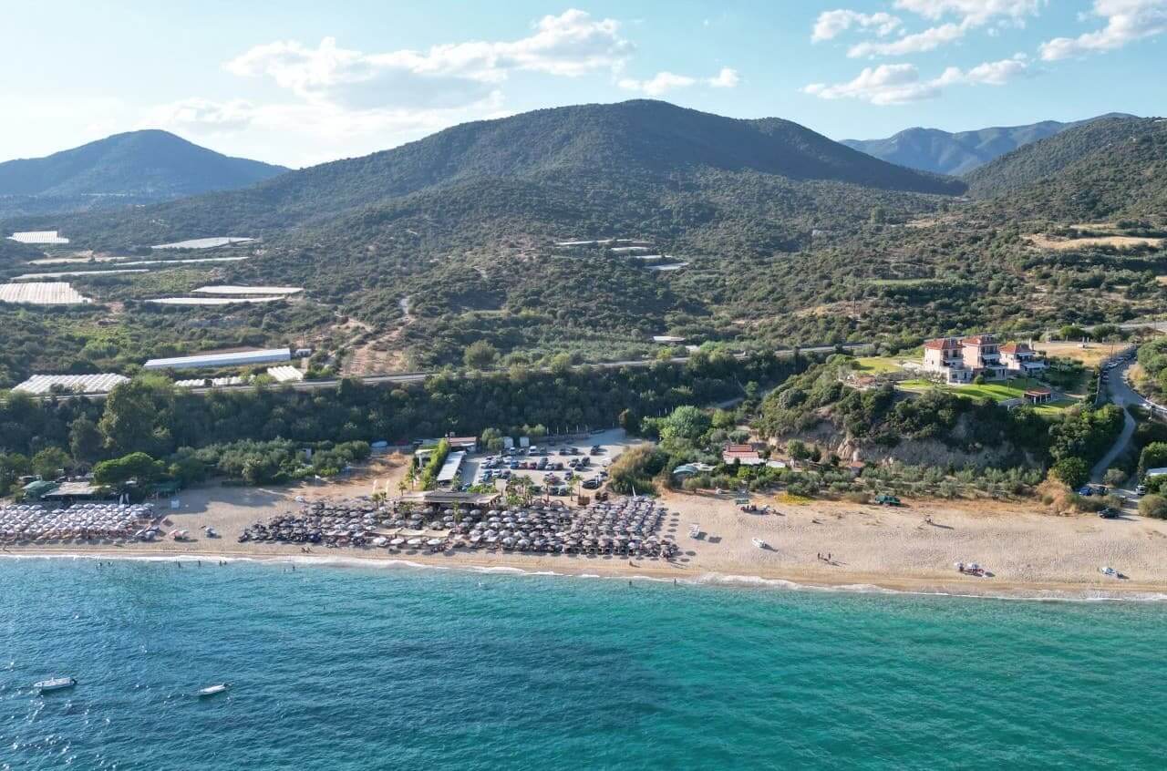The drone view of the Paloma Beach Bar. Best beaches near Kavala, Sarakina Beach
