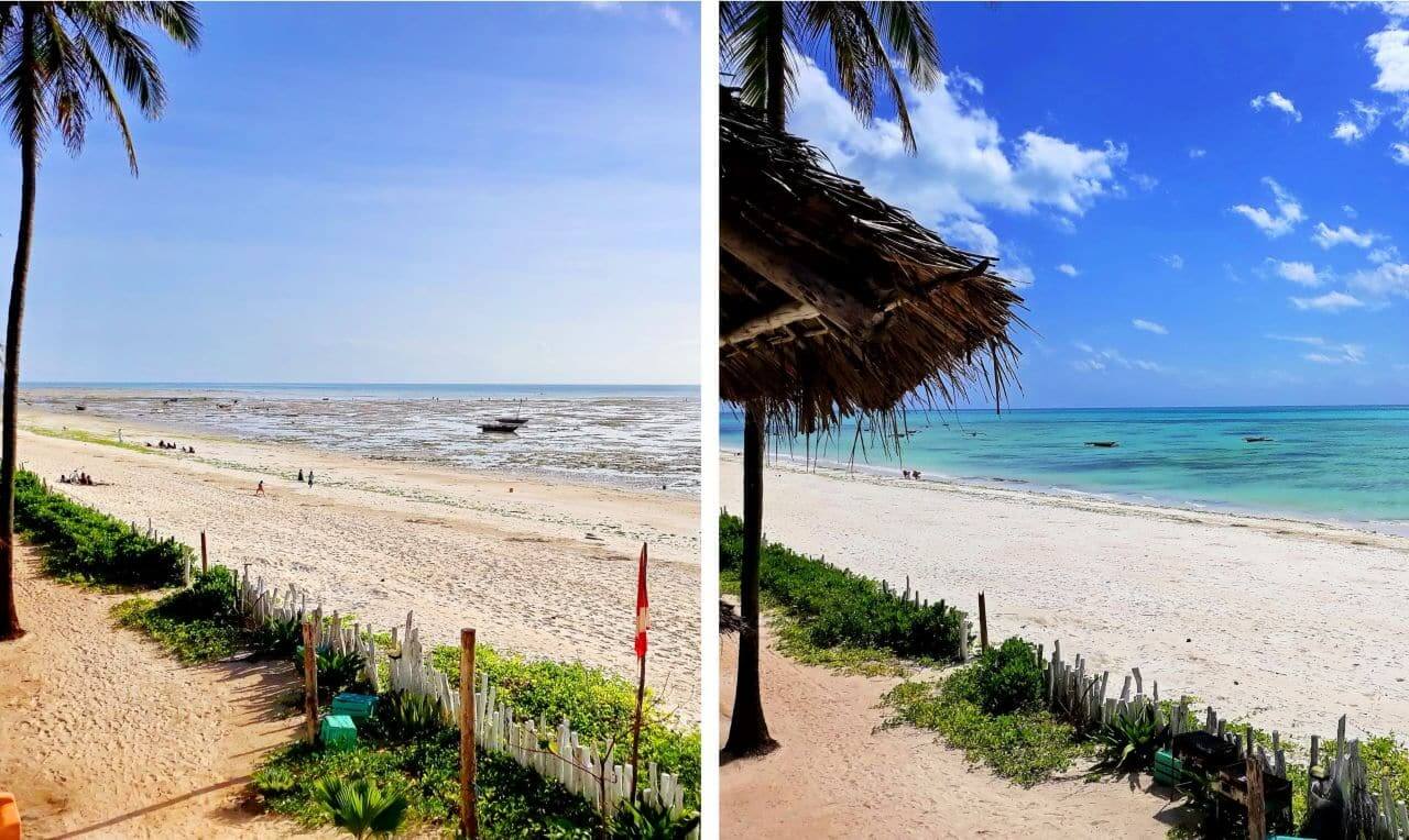 Zanzibar, low and high tides on Jambiani Beach