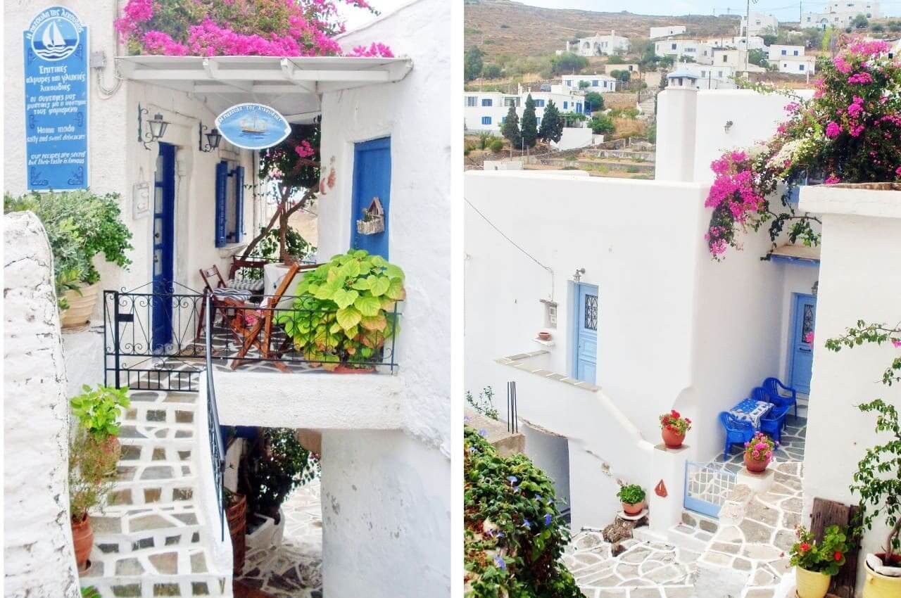 Whitewashed houses with flowers, Lefkes village, Paros