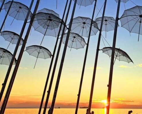 Thessaloniki Umbrellas on sunset