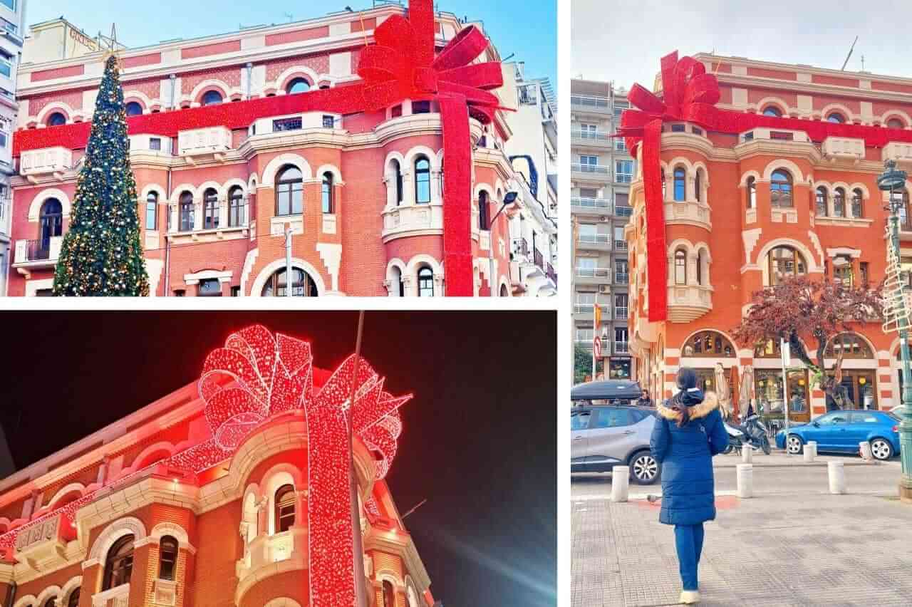 Thessaloniki, Red house with a red Christmas ribbon