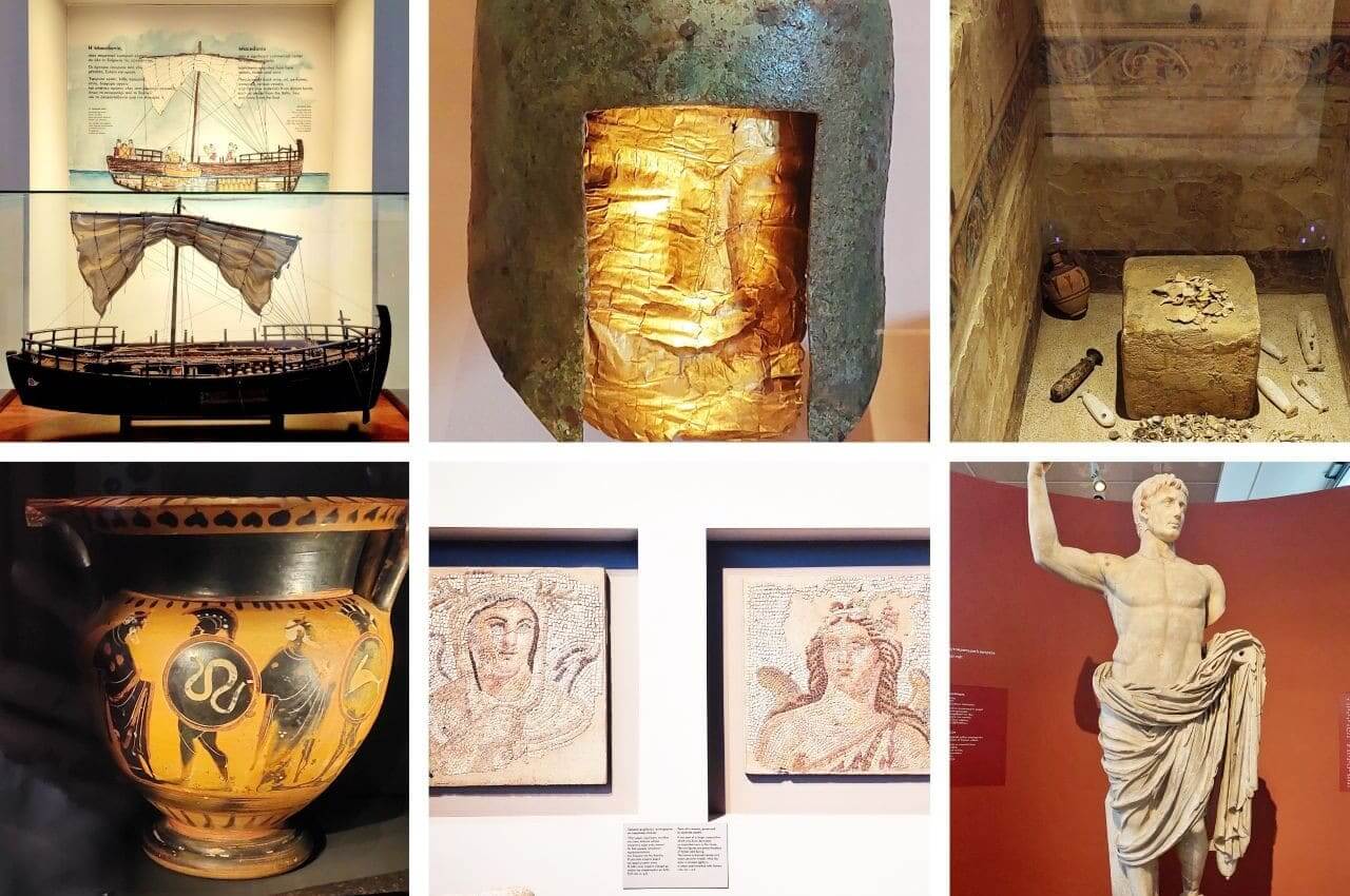 Various items mosaics and statue in the Archaeological Museum of Thessaloniki