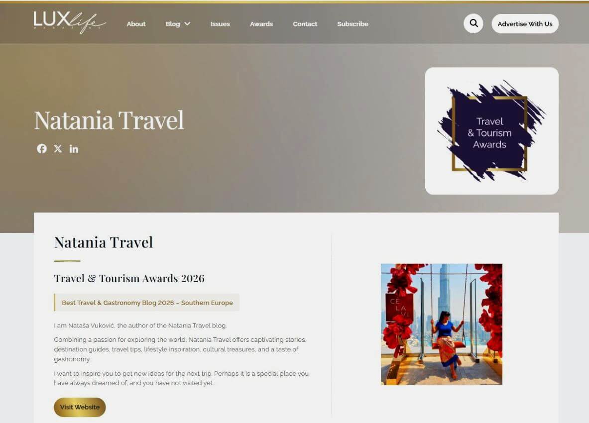 Natania Travel, LUX Life, Travel & Tourism Awards 2026, Priznanja
