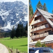 Vila Planinka in Jezersko village, Slovenia ft Alpine scene: snow-capped mountains, green meadows, and a dirt road winding through trees on the left.
