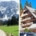 Alpine scene: snow-capped mountains, green meadows, and a dirt road winding through trees on the left.