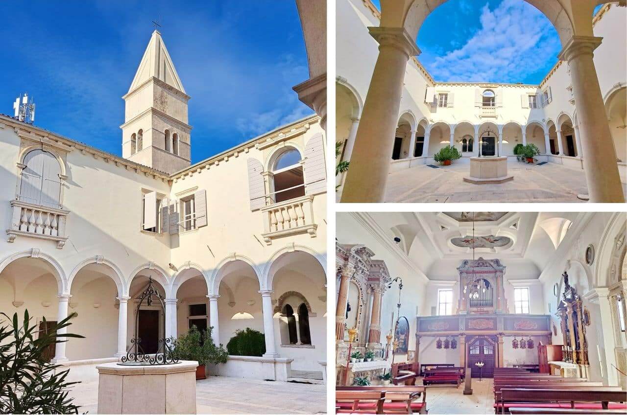 Cloistered white church courtyard with arches, a bell tower, and a central fountain under a blue sky (collage).