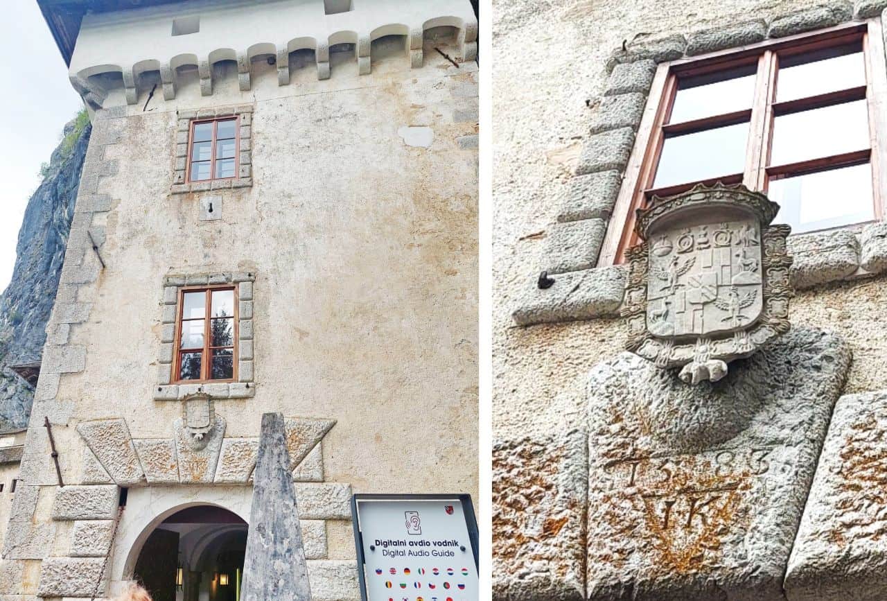 Entrance of the Predjama Castle with the coat of arms of Koblenz family