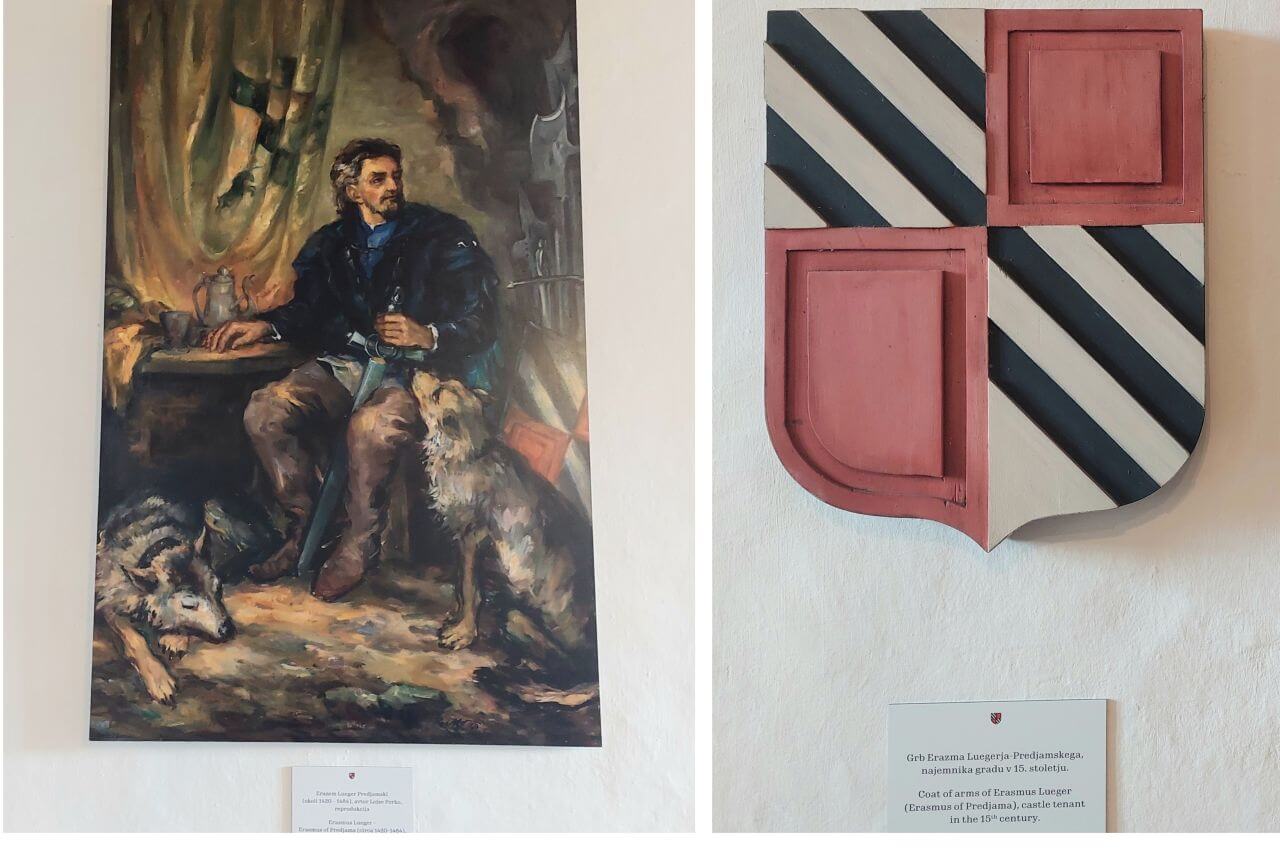 Predjama Castle, Modern painting of Erasmus of Lueg and his coat of arms