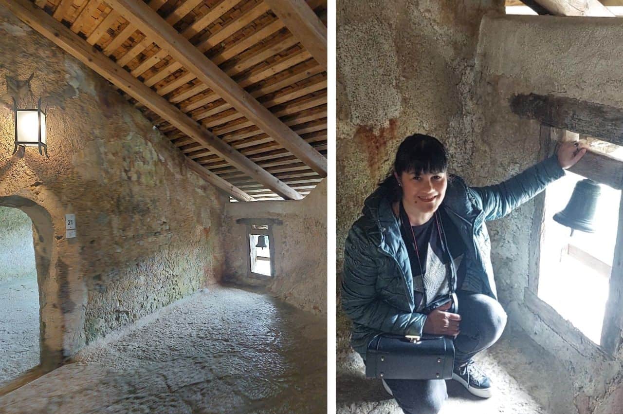 Split image: left side shows an old stone room with wooden roof beams and a small arched window; a bell is visible through the window. right side shows a smiling woman in a blue jacket crouching by a bell in a rough stone wall.