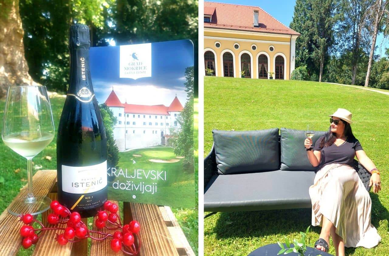 Drinking the Istenič wine in the park of the Mokrice Castle. Dvorac Mokrice