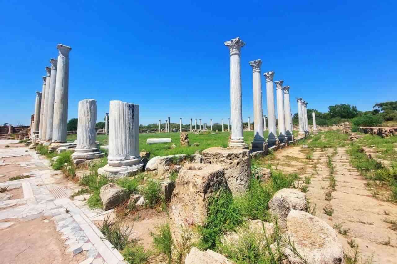 Ancient marble columns of Gymnasium and palaestra in Salamis, Cyprus