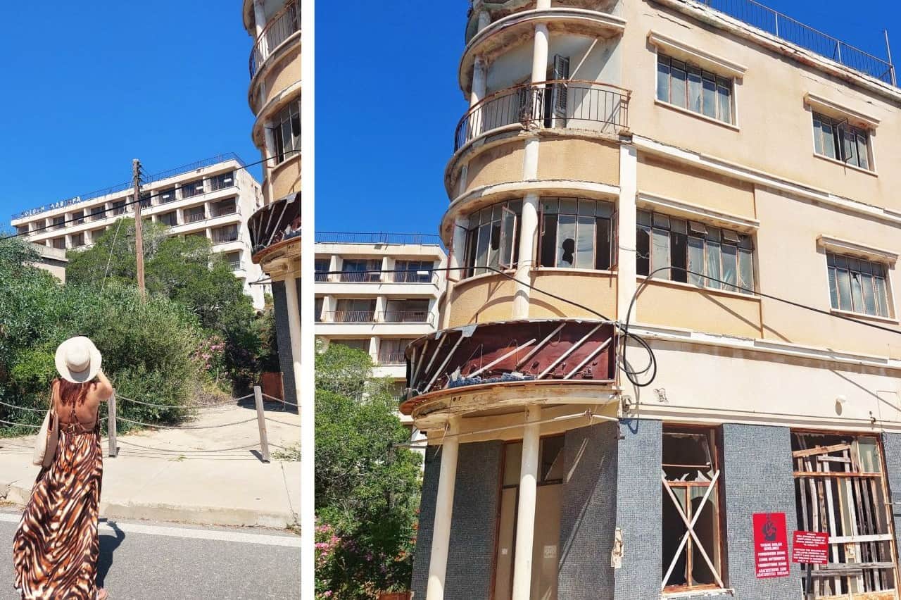 Abandoned hotel and a building in Varosha, Cyprus. Varoša, Kipar, napušteni hotel i zgrada