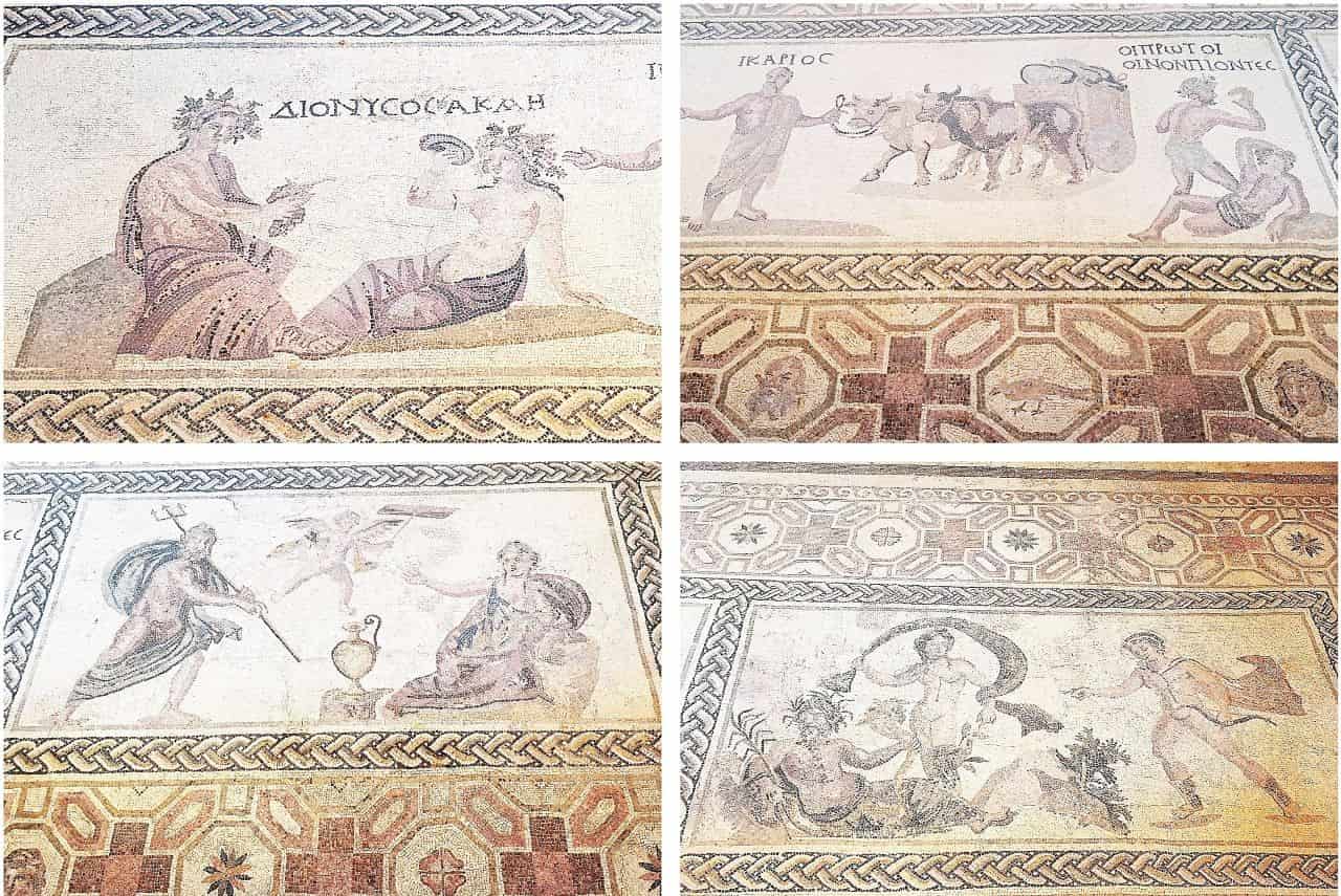 CY Paphos, House of Dionysos mosaics: Dionysos and Acme, Ikarius, wine drinkers, Neptune and Amymone, Apollo and Daphne