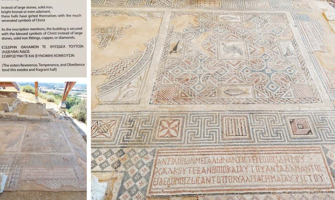 Cyprus, Kourion, House of Eustolios, an inscription on the eastern portico. Kipar, Kurion, podni mozaik