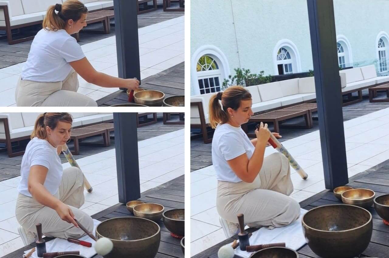 Sound therapy, Tibetan singing bowls and a rainstick. Tibetanske zvučne činije